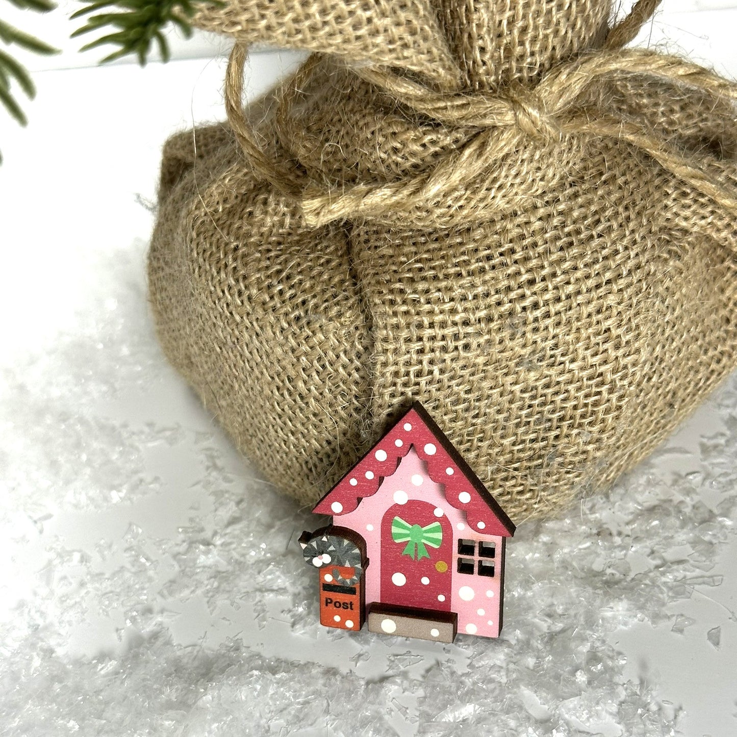 Cosy Pink Winter Cottage Wooden Brooch, Fun Winter Accessory