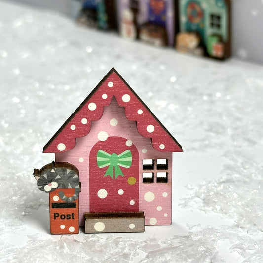 Cosy Pink Winter Cottage Wooden Brooch, Fun Winter Accessory