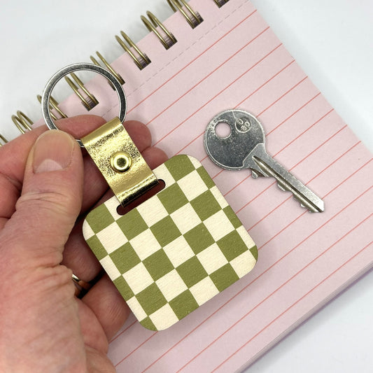 Olive Green & Cream Checked Keyring
