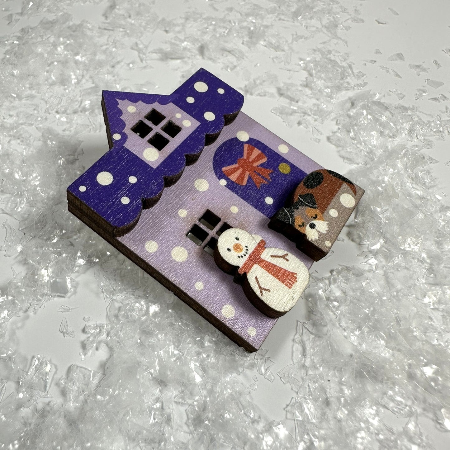 Festive Purple Wooden House Brooch. Perfect Winter Accessory