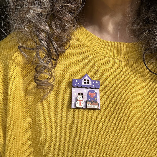Festive Purple Wooden House Brooch. Perfect Winter Accessory